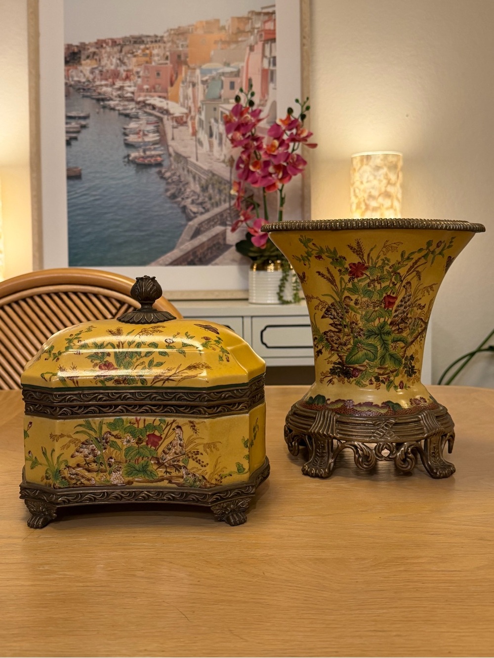 Yellow Porcelain Floral Ceramic Planter and Decorative Box Set - Home Accents